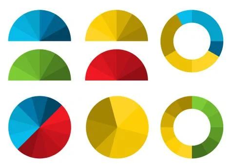 Set of 4 colorful half pie diagrams in color shades and 4 full pie diagrams i Stock Illustration