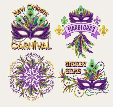 Set of 4 colorful labels with text for carnival Mardi Gras decoration Stock Illustration