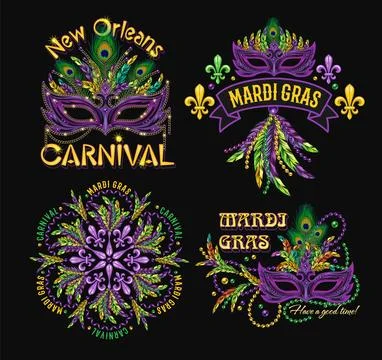 Set of 4 colorful labels with text for carnival Mardi Gras decoration Stock Illustration