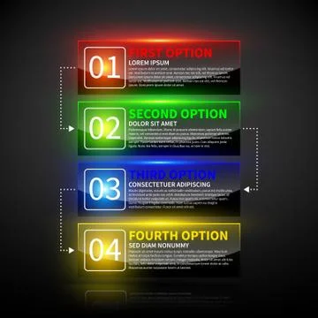 Set of 4 colorful options with numbers and glowing lights. Stock Illustration