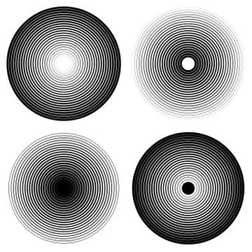 Set of 4 concentric circle elements. Ripple, radiating circles. Monochrome sh Illustrazione stock