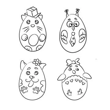 Set with 4 cute animals in a shape of Easter Eggs for coloring pages. There a Stock Illustration