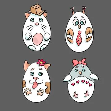 Set with 4 cute animals in a shape of Eatser Eggs. There are a cat with a box Stock Illustration