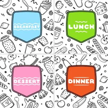 Set of 4 cute hand drawn poster menu for cafe on food background. Linear Stock Illustration