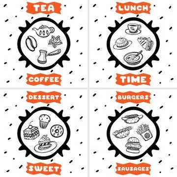 Set of 4 cute hand drawn poster menu for cafe on food background. Linear 스톡 일러스트