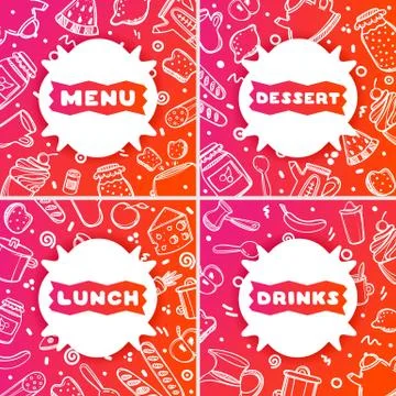 Set of 4 cute hand drawn poster menu for cafe on food background. Linear Stock Illustration