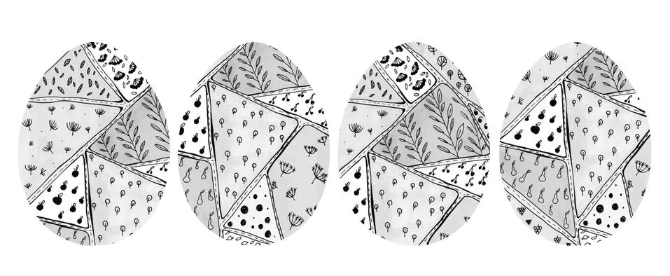 Set of 4 Easter eggs with abstract monochrome doodle style pattern. Stock Illustration