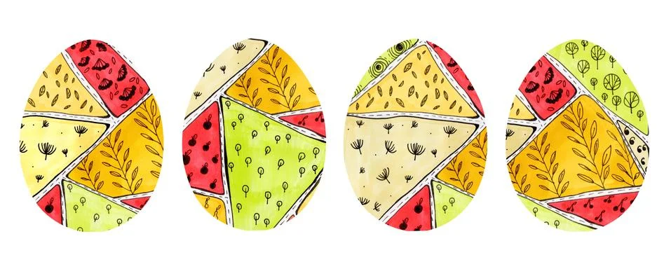 Set of 4 Easter eggs with abstract colorful pattern in doodle style. Stock Illustration