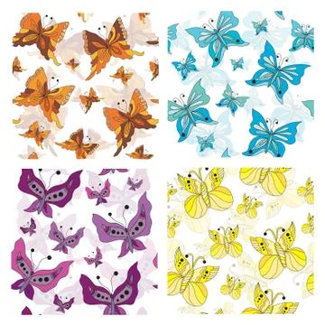 Set of 4 elegant seamless patterns with multicolor butterflies, design elements Stock Illustration