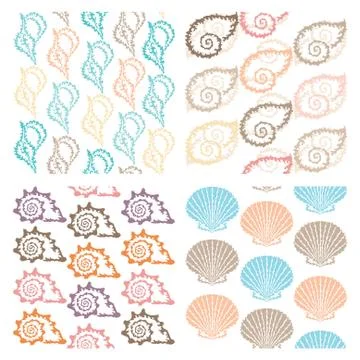 Set of 4 elegant seamless patterns with decorative seashells, design elements Stock Illustration