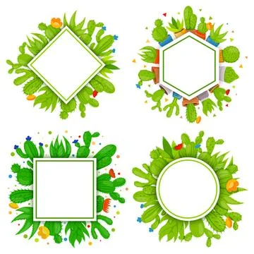 Set of 4 empty geometrical frames with cactuses and succulents. Home cactus.. Illustrazione stock