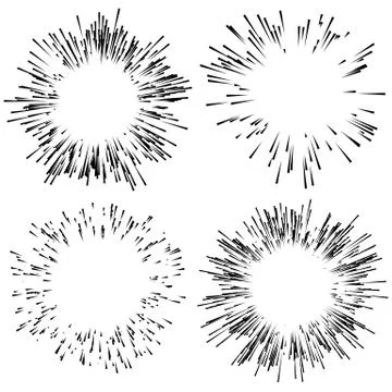 Set of 4 fireworks, explosion elements. Radiating lines in random, irregular  Illustrazione stock