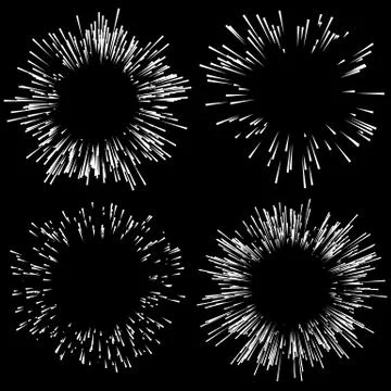 Set of 4 fireworks, explosion elements. Radiating lines in random, irregular  스톡 일러스트