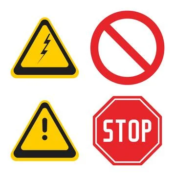 Set of 4 Flat Vector Traffic Road Signs Warning &amp; Prohibition Symbols for C.. Stock Illustration