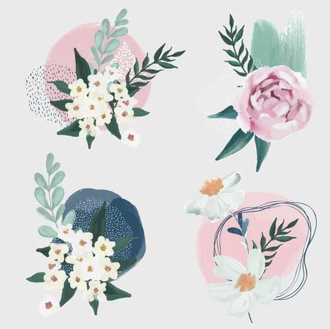 Set of 4 floral compositions with abstract element Stock Illustration
