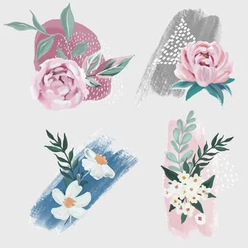 Set of 4 floral compositions with abstract element Stock Illustration