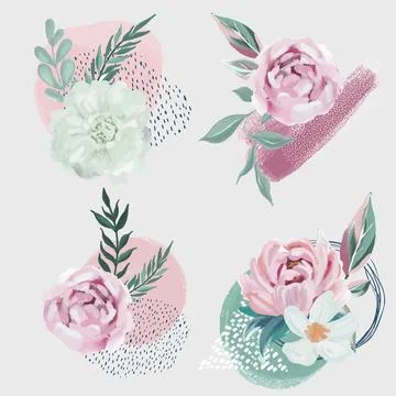 Set of 4 floral compositions with abstract element Stock Illustration