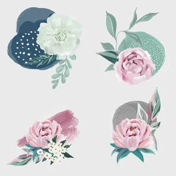 Set of 4 floral compositions with abstract element Stock Illustration