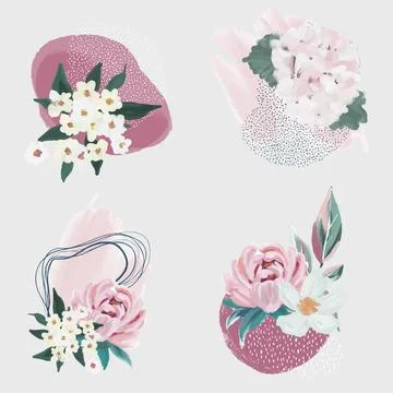 Set of 4 floral compositions with abstract element Stock Illustration