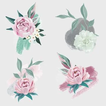 Set of 4 floral compositions with abstract element Stock Illustration