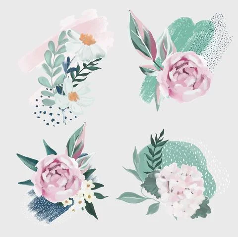 Set of 4 floral compositions with abstract element Stock Illustration