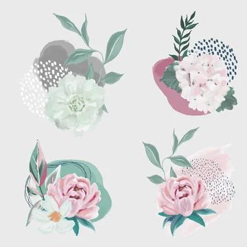 Set of 4 floral compositions with abstract element Stock Illustration