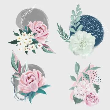 Set of 4 floral compositions with abstract element Stock Illustration