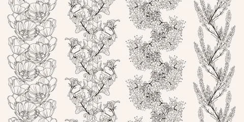 Set of 4 floral seamless patterns with decorative tulips, viola, cherry blossom 스톡 일러스트