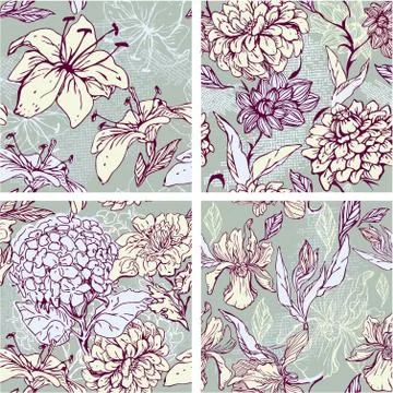 Set of 4 floral seamless patterns with hand drawn flowers - tiger lilly, orch Stock Illustration