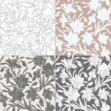 Set of 4 floral seamless patterns with silhouettes and contours Stock Illustration