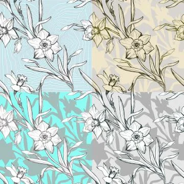 Set of 4 floral seamless patterns with silhouettes and contours Stock Illustration