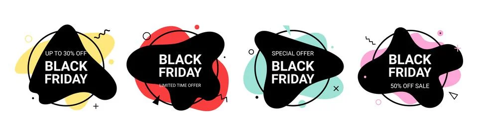 Set of 4 graphic liquid elements in memphis style. Black Friday Sale template Illustrazione stock