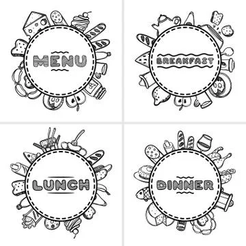 Set of 4 hand drawn menu for cafe with food. Sketch concept illustration. Stock Illustration
