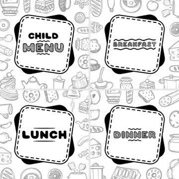 Set of 4 hand drawn menu for cafe. Sketch concept illustration. Stock Illustration