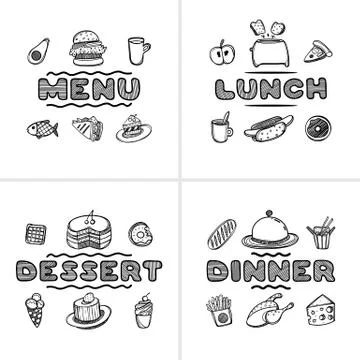 Set of 4 hand drawn menu for cafe. Sketch concept illustration. Stock Illustration