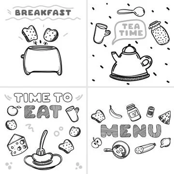 Set of 4 hand drawn poster card. Doodle illustration 스톡 일러스트