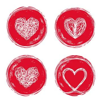 Set of 4 heart in circle shaped tangled grungy scribble Stock Illustration