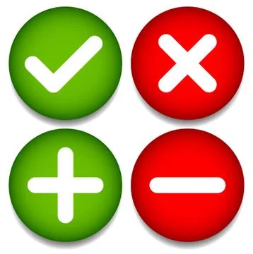 Set of 4 icons with check mark, cross and plus, minus signs. 스톡 일러스트