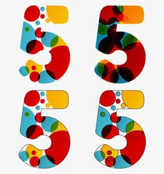 Set of 4 isolated abstract lava lamp styled number five - 5, vivid colors Stock Illustration