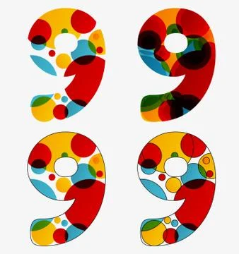 Set of 4 isolated abstract lava lamp styled number nine - 9, vivid colors Stock Illustration