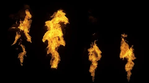A set of 4 isolated fire flames, slow motion gas ignition from bottom to top Stock Footage