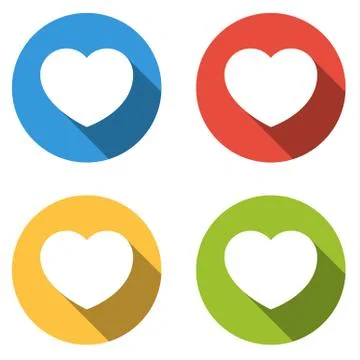 Set of 4 isolated flat colorful buttons for heart / like with long shadow Stock Illustration