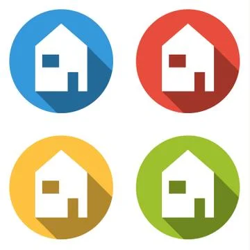 Set of 4 isolated flat colorful buttons for home (house) with long shadow Stock Illustration