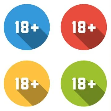 Set of 4 isolated flat colorful buttons (icons) for 18+ sign (limited content Stock Illustration