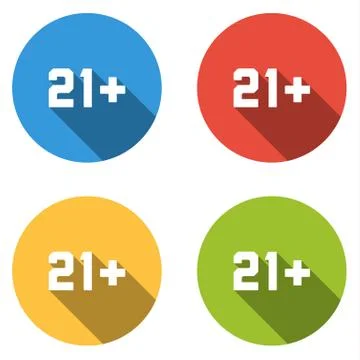 Set of 4 isolated flat colorful buttons (icons) for 21+ sign (limited content Stock Illustration