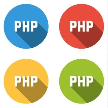 Set of 4 isolated flat colorful buttons (icons) for PHP (server-side scriptin Stockillustratie