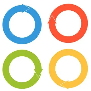 Set of 4 isolated flat colorful circular arrows with only one arrowhead in so Stock Illustration