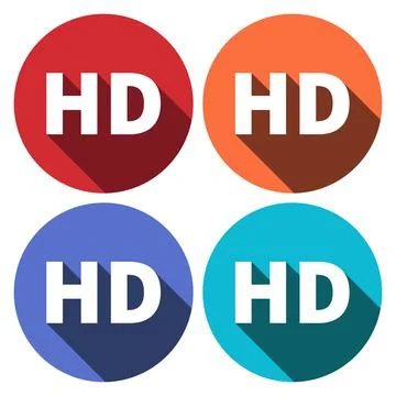 Set of 4 isolated flat colorful buttons for HD sign with long shadow Stock Illustration
