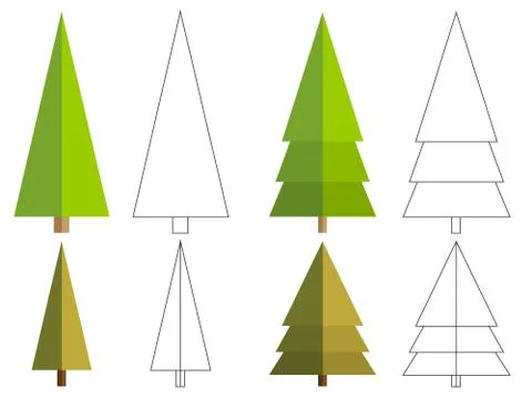 Set of 4 isolated flat conifer tree and coloring book variation Stock Illustration