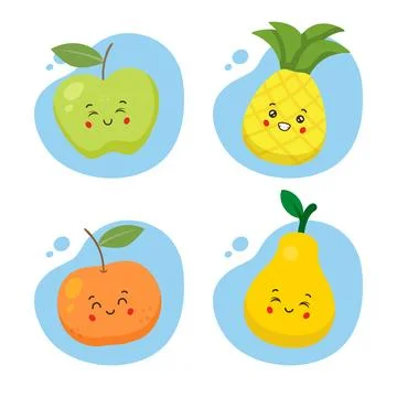 Set of 4 Kawaii Fruit Stock Illustration